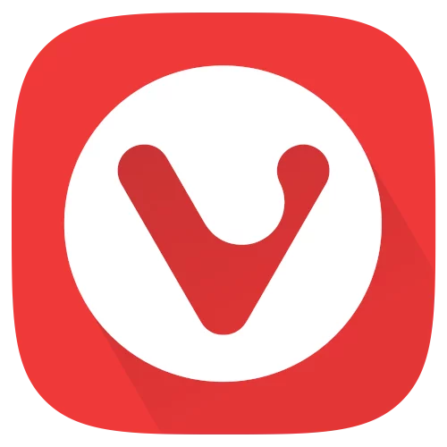 Vivaldi web browser logo: a red square with rounded corners, a central white circle, and a bold stylized red V in the middle.