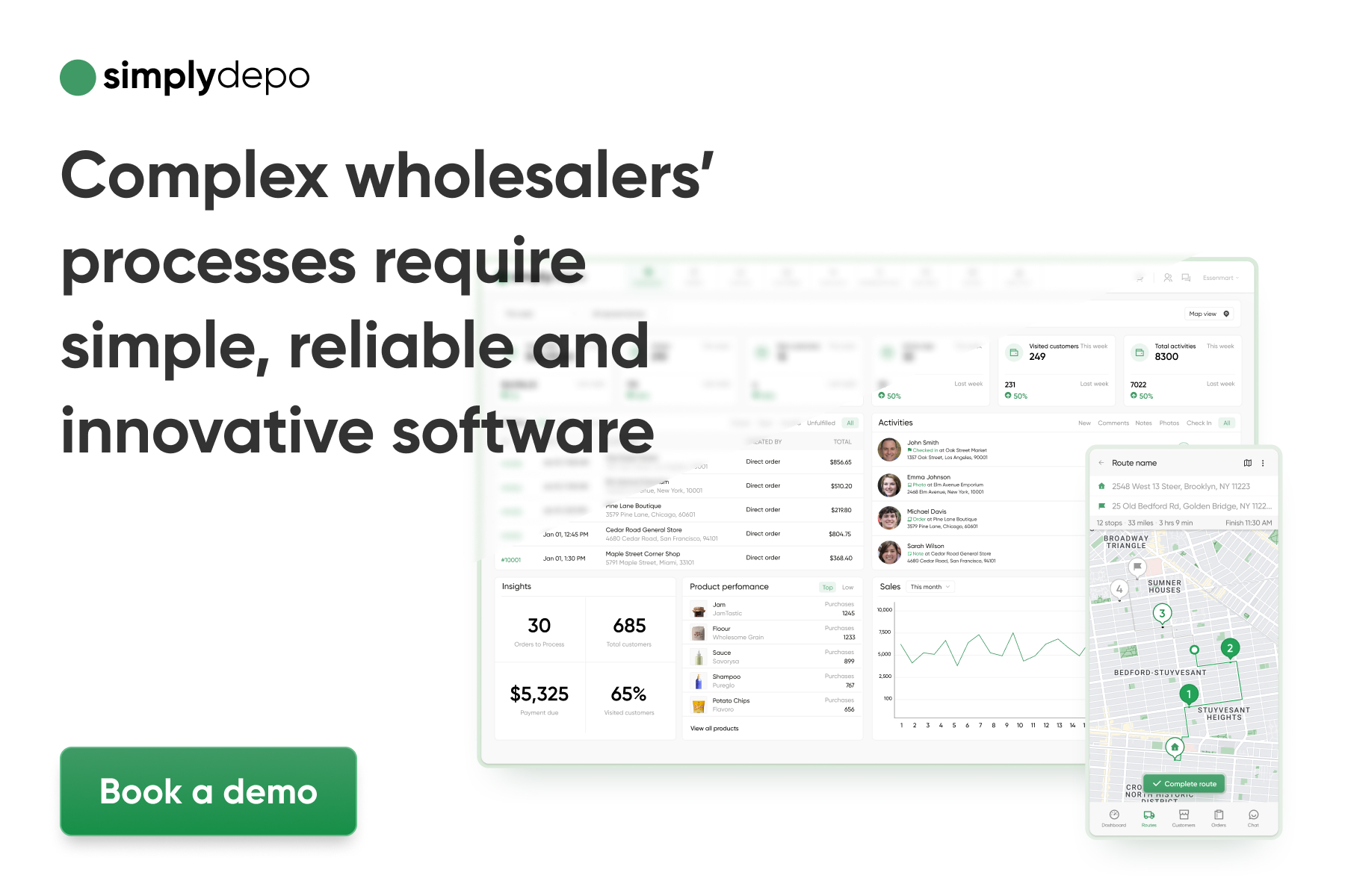 SimplyDepo promo image with slogan, software dashboard and mobile app screenshots, and a green Book a demo button.