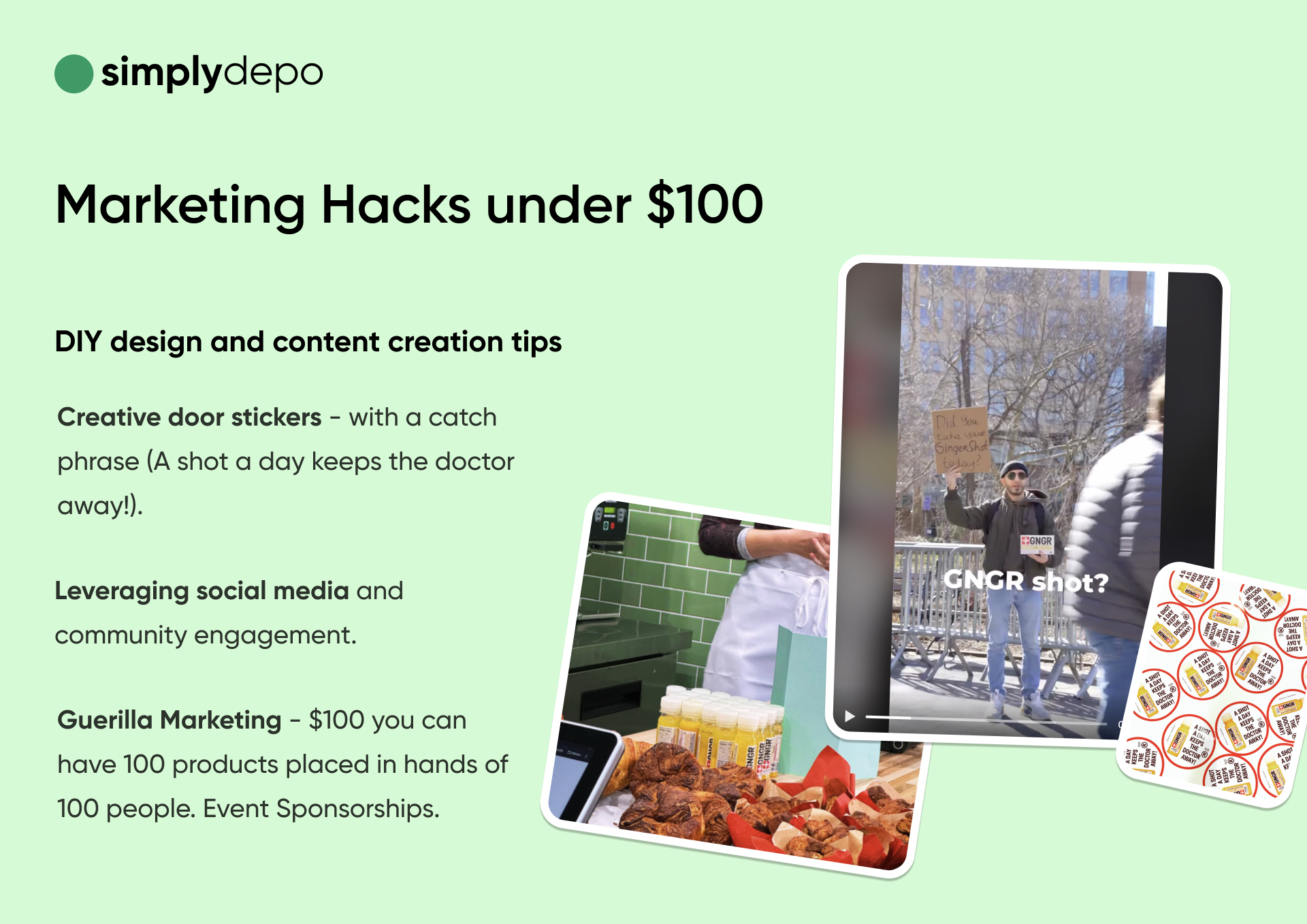 Marketing Hacks under $100 graphic with tips like door stickers, social media use, guerilla marketing; features protest, food samples, stickers.