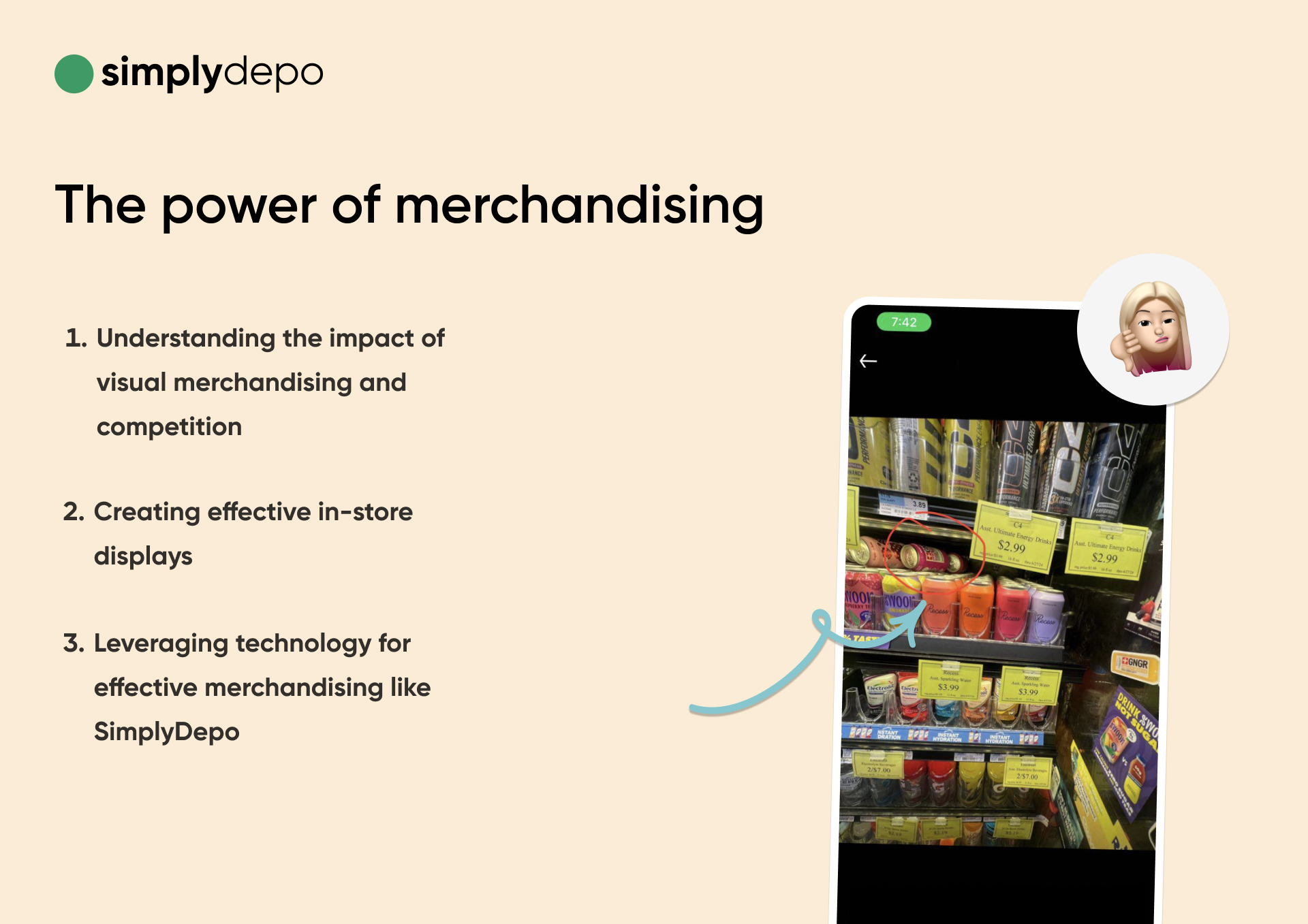 A presentation slide titled “The power of merchandising” shows three strategies and a smartphone with vibrant product displays and promo signs.
