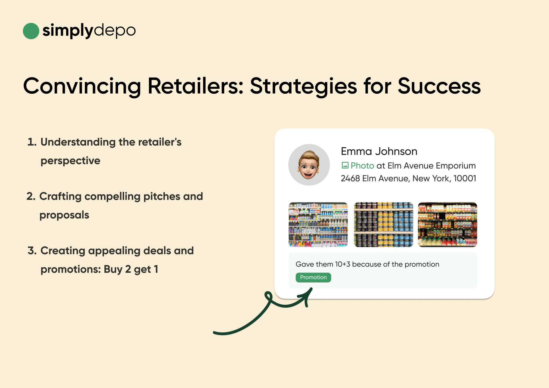 Presentation slide titled Convincing Retailers: Strategies for Success features three strategies, Emma Johnson’s store card, and the simplydepo logo.