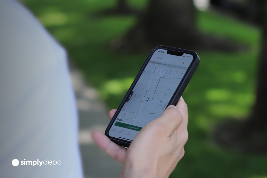 A person walks outdoors on a sunny day, holding a smartphone with a map app open. The SimplyDepo logo appears in the corner.