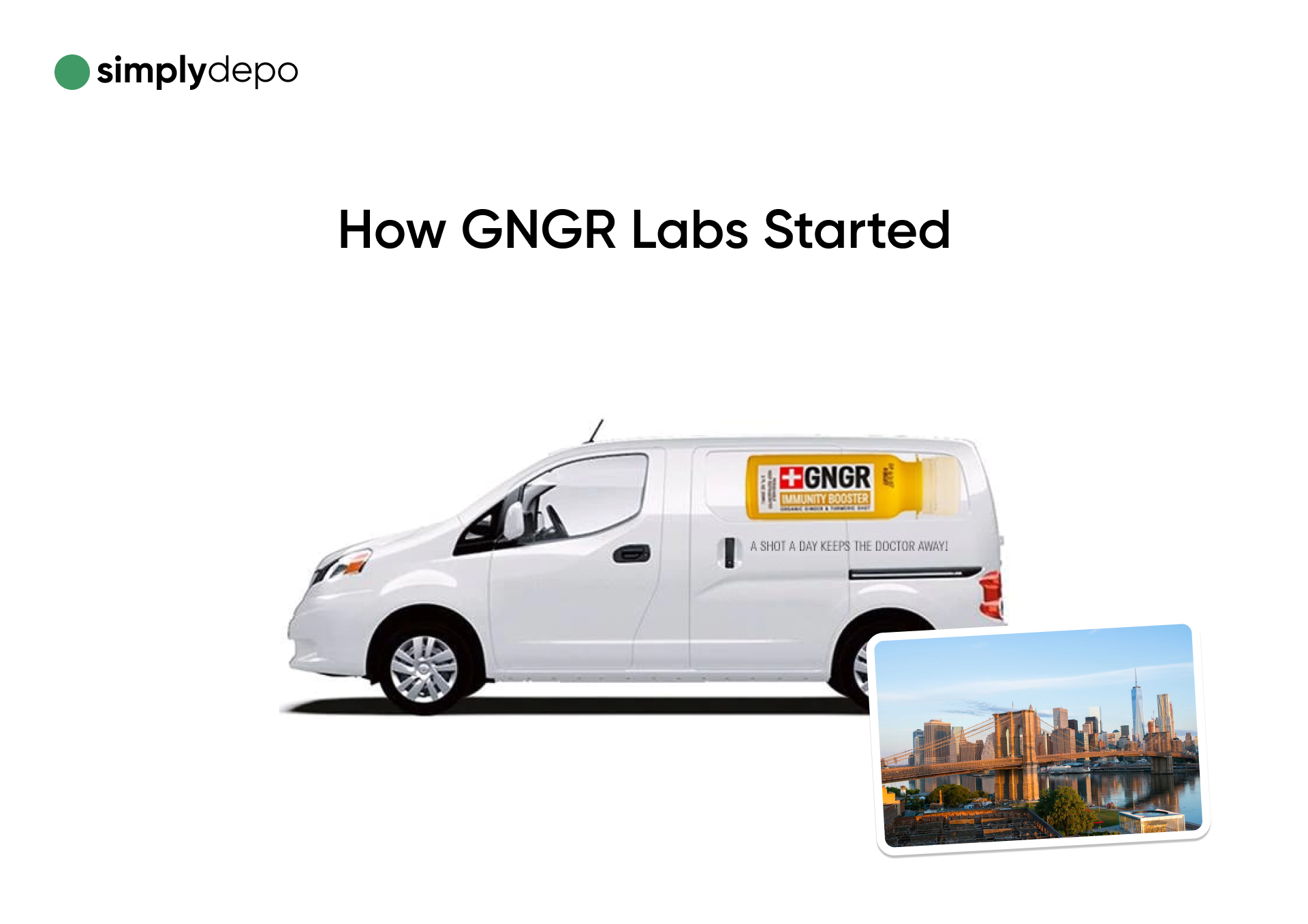 A white GNGR Labs van featuring a ginger root graphic and the slogan A shot a day keeps the doctor away, plus city skyline photo.