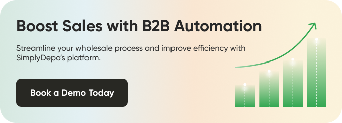Illustration showing a rising bar chart and Book a Demo Today button, promoting SimplyDepo’s B2B sales automation and efficiency.