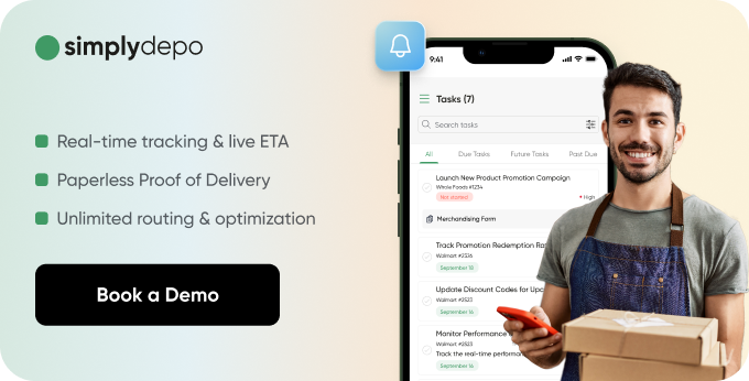 Smiling man in apron holds package beside phone displaying distribution software with tracking, delivery, routing features and demo button.