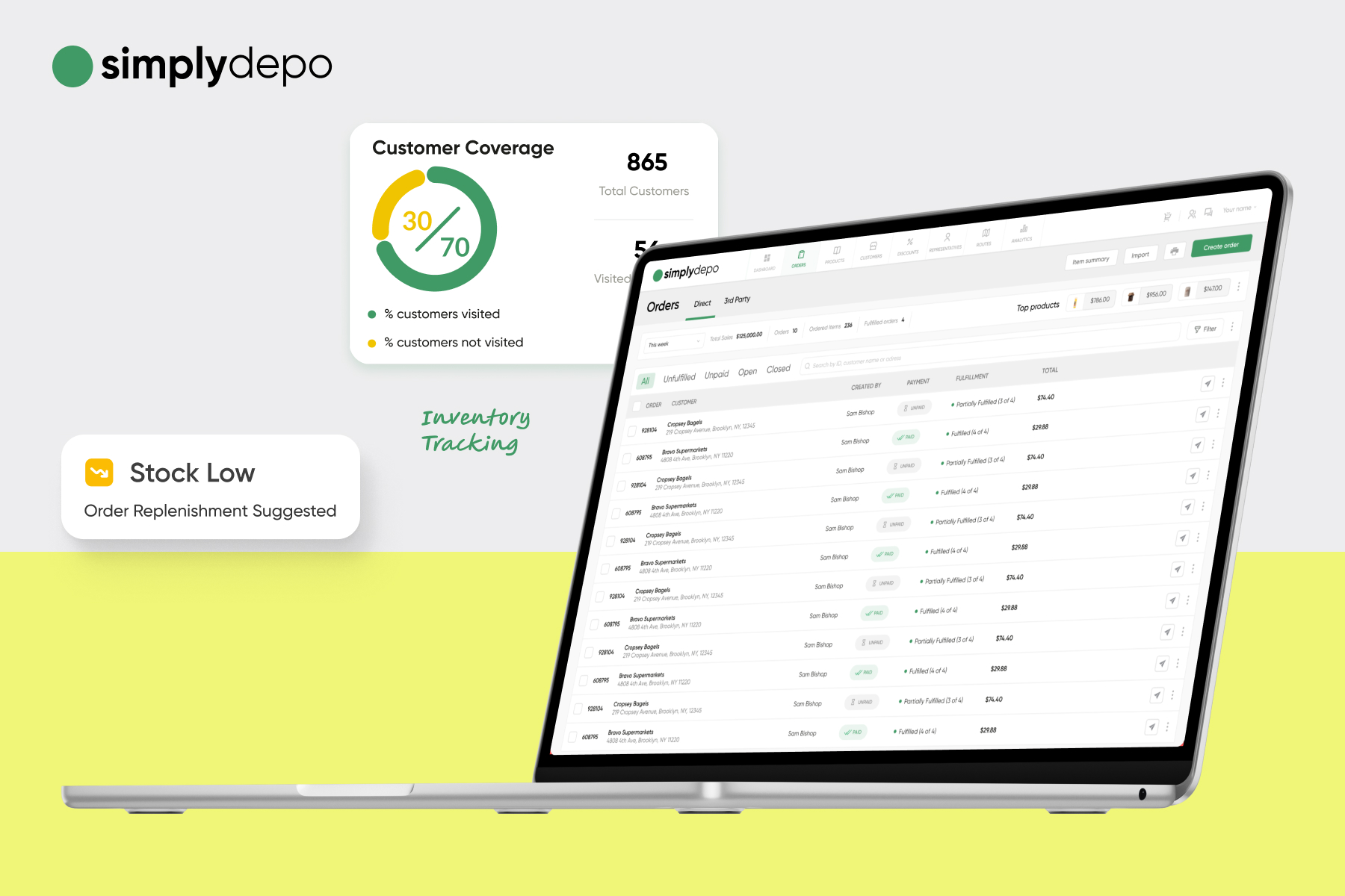 A laptop shows simplydepo’s inventory dashboard with order lists, customer stats, and Stock Low alert on a light gray-yellow background.