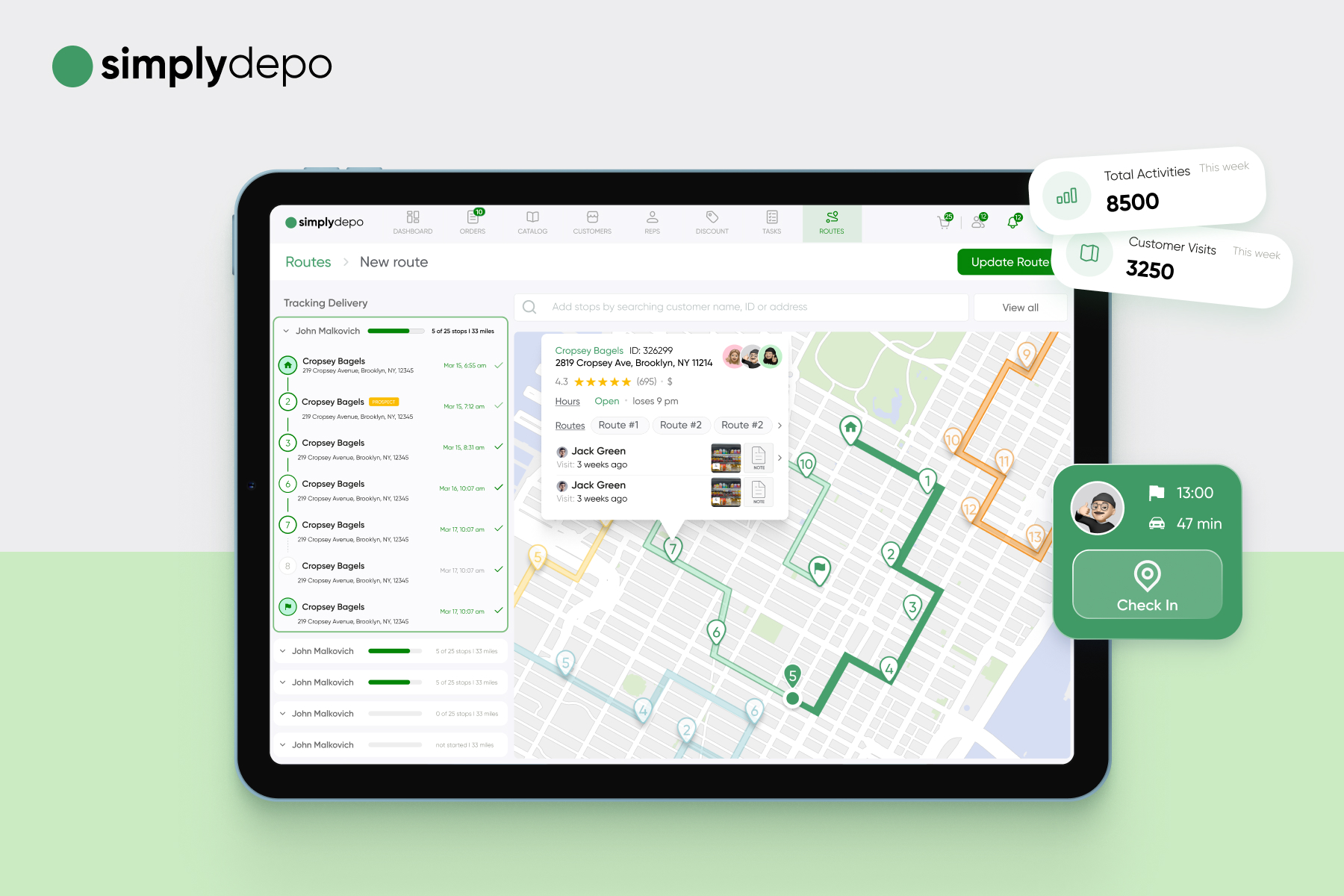 A tablet screen shows a delivery route map with driver info, B2B and D2C e-commerce stats, and the SimplyDepo logo at the top left.