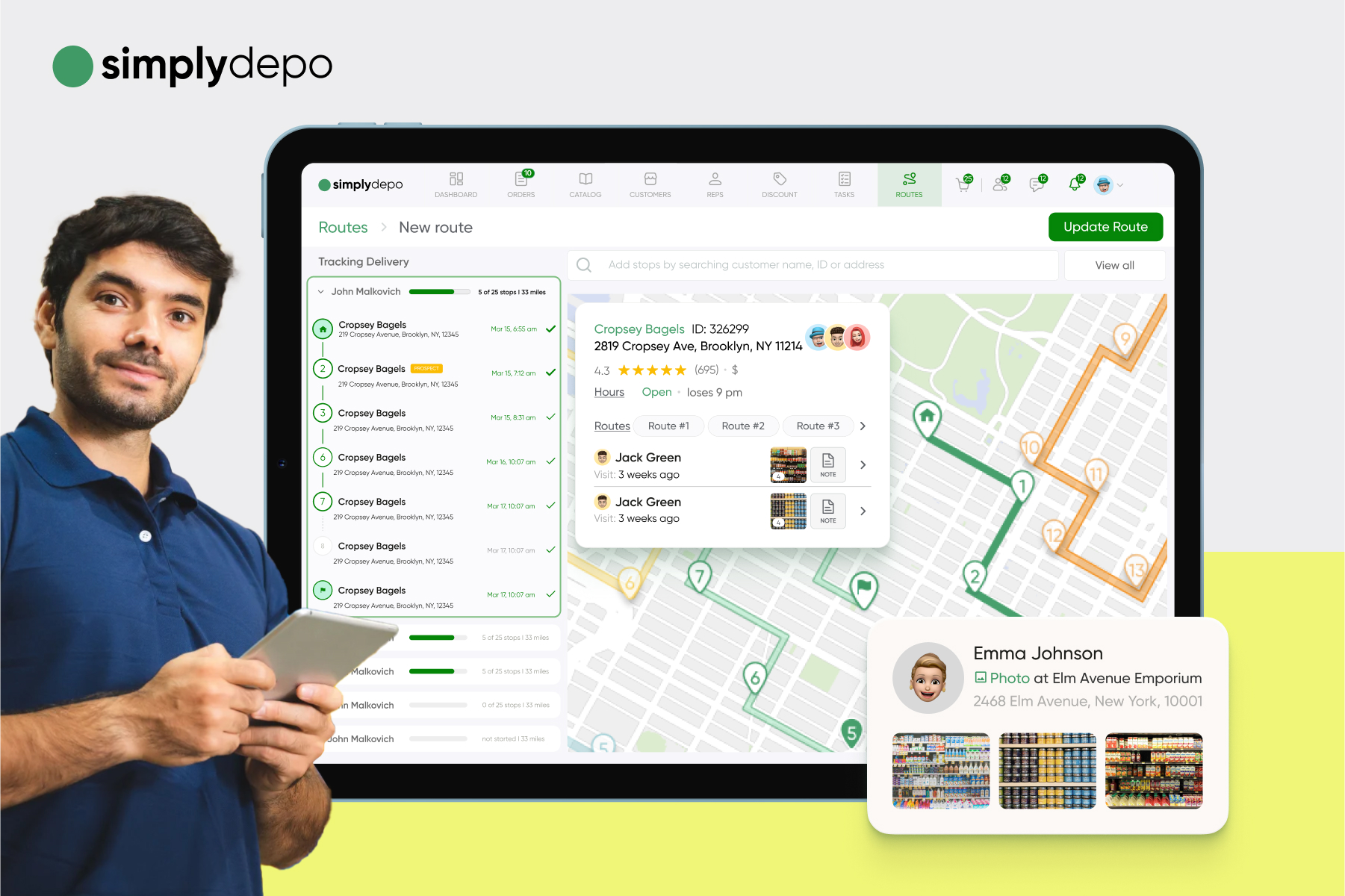 A man with a tablet stands by a screen showing simplydepo delivery routes, customer profiles, order info, and product shelves.