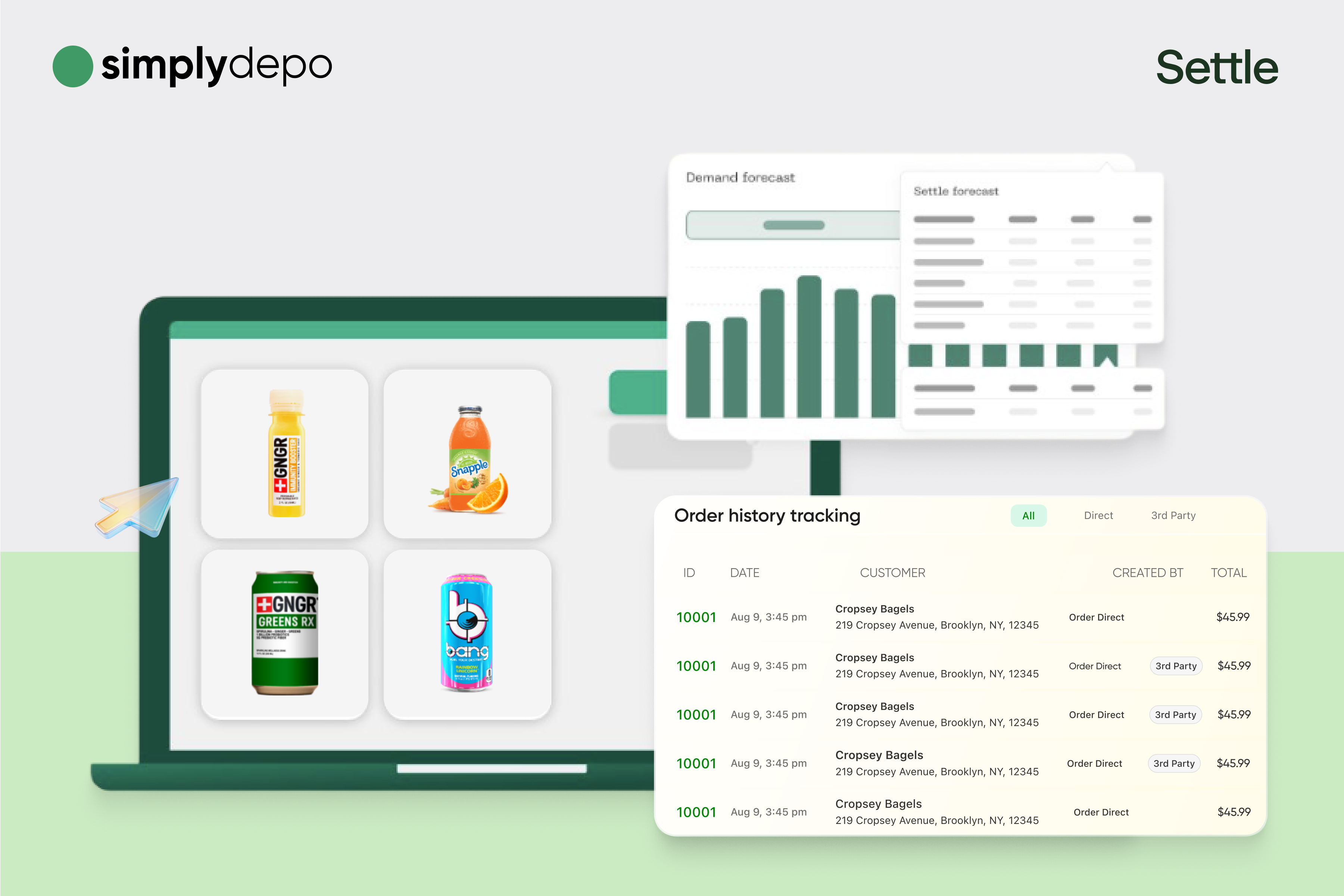 A laptop shows beverage product listings, order history, and demand forecasts, with simplydepo and Settle logos on a green-white backdrop.