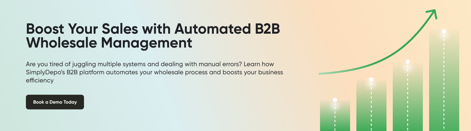 Automated B2B wholesale software banner compares B2B vs D2C, features rising green arrow, bar graphs, and Book a Demo Today button.