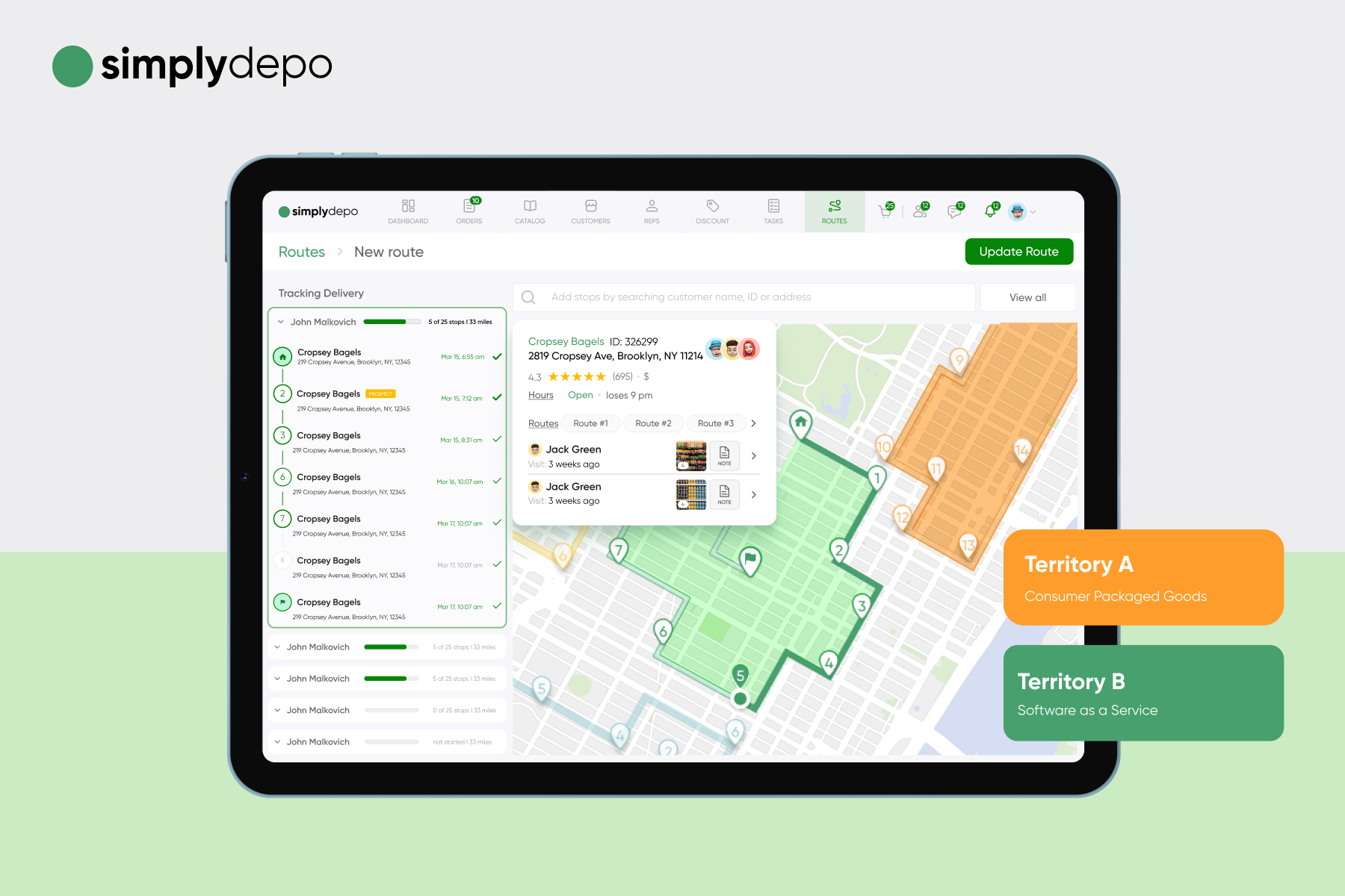 A tablet shows a delivery map with green and orange stops, detailed routes, stop info, and a sidebar for managing color-coded territories.