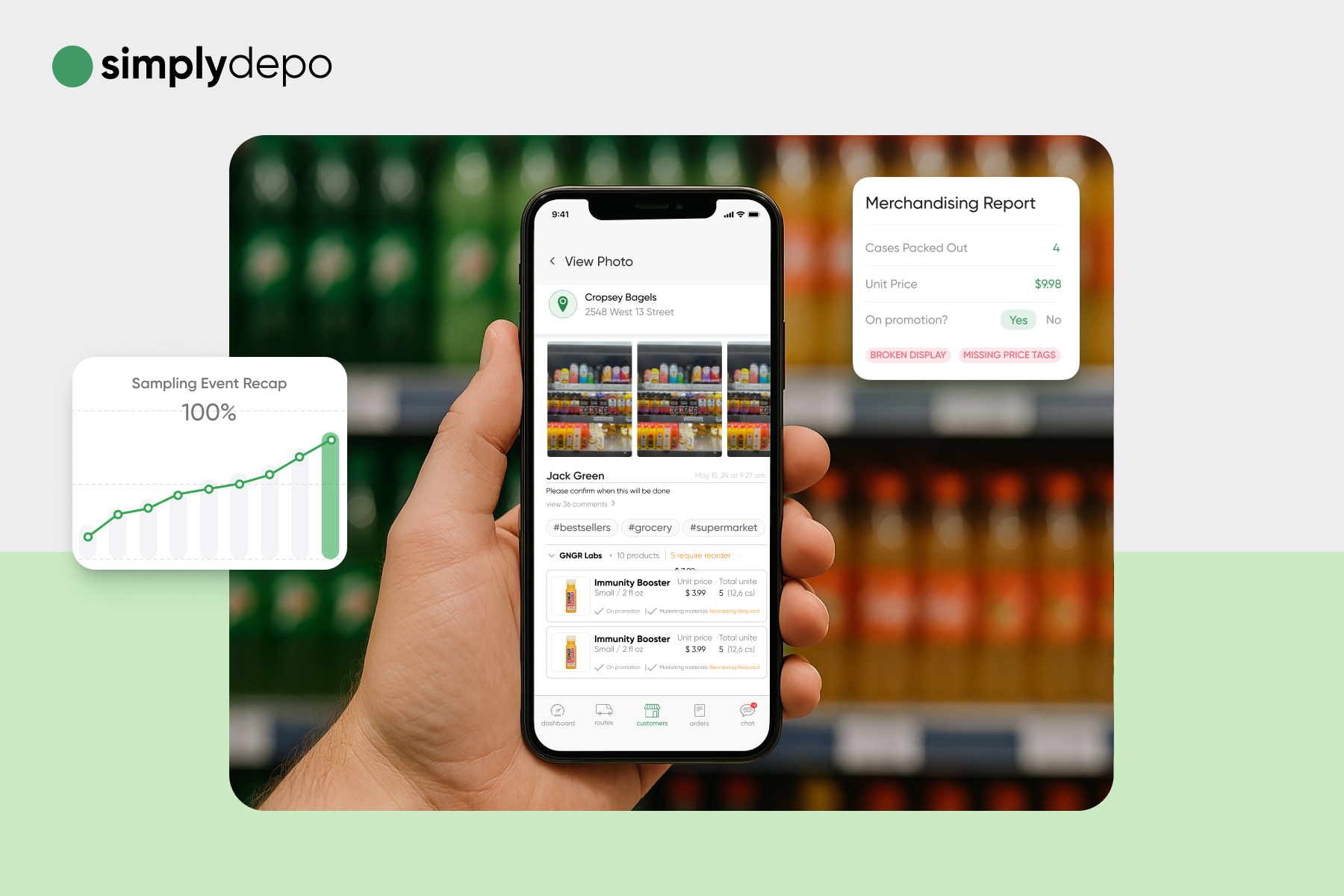 A person holds a smartphone with an inventory app open, colorful bottles on shelves behind. Charts and reports show product data and progress.