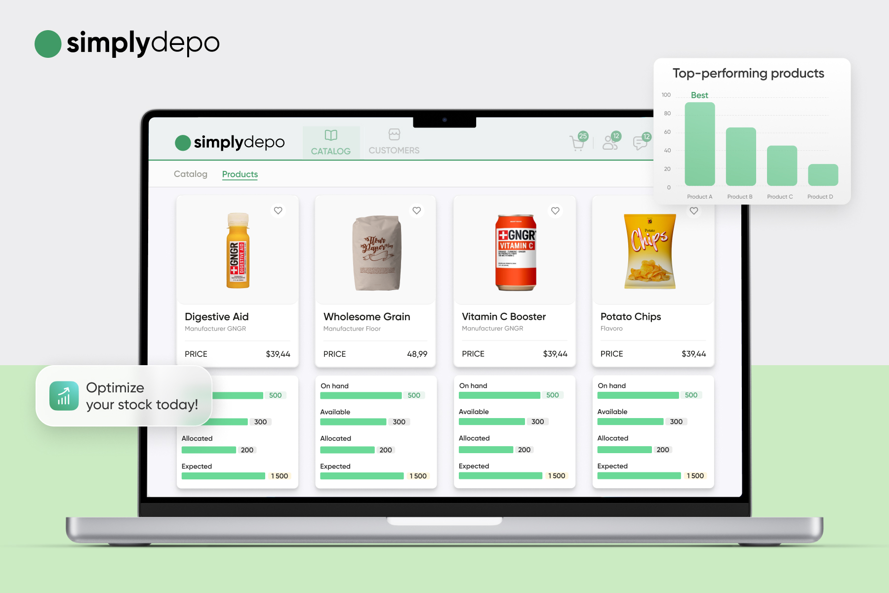 A laptop shows a product management dashboard with Digestive Aid and Vitamin C Booster, a top products bar chart, and stock tips.