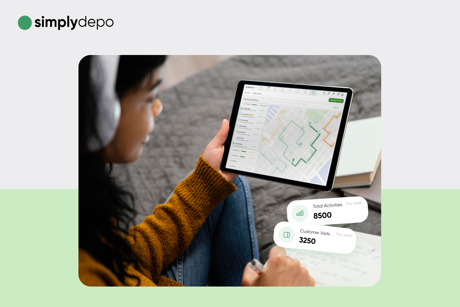 A user holds a tablet showing a sales territory map and analytics dashboard with 8,500 activities, 3,250 visits, and simplydepo branding.