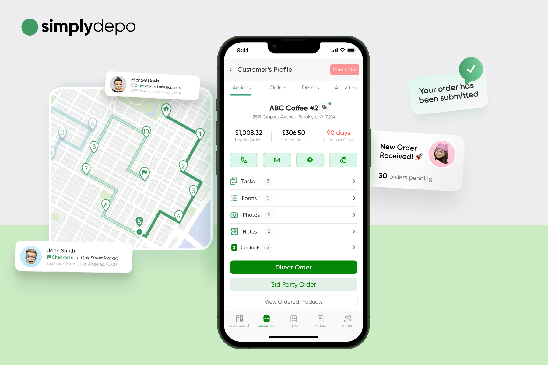 Mobile app dashboard for ABC Coffee #2 with order stats, tasks, route map, new order alerts, and simplydepo logo in the top left.