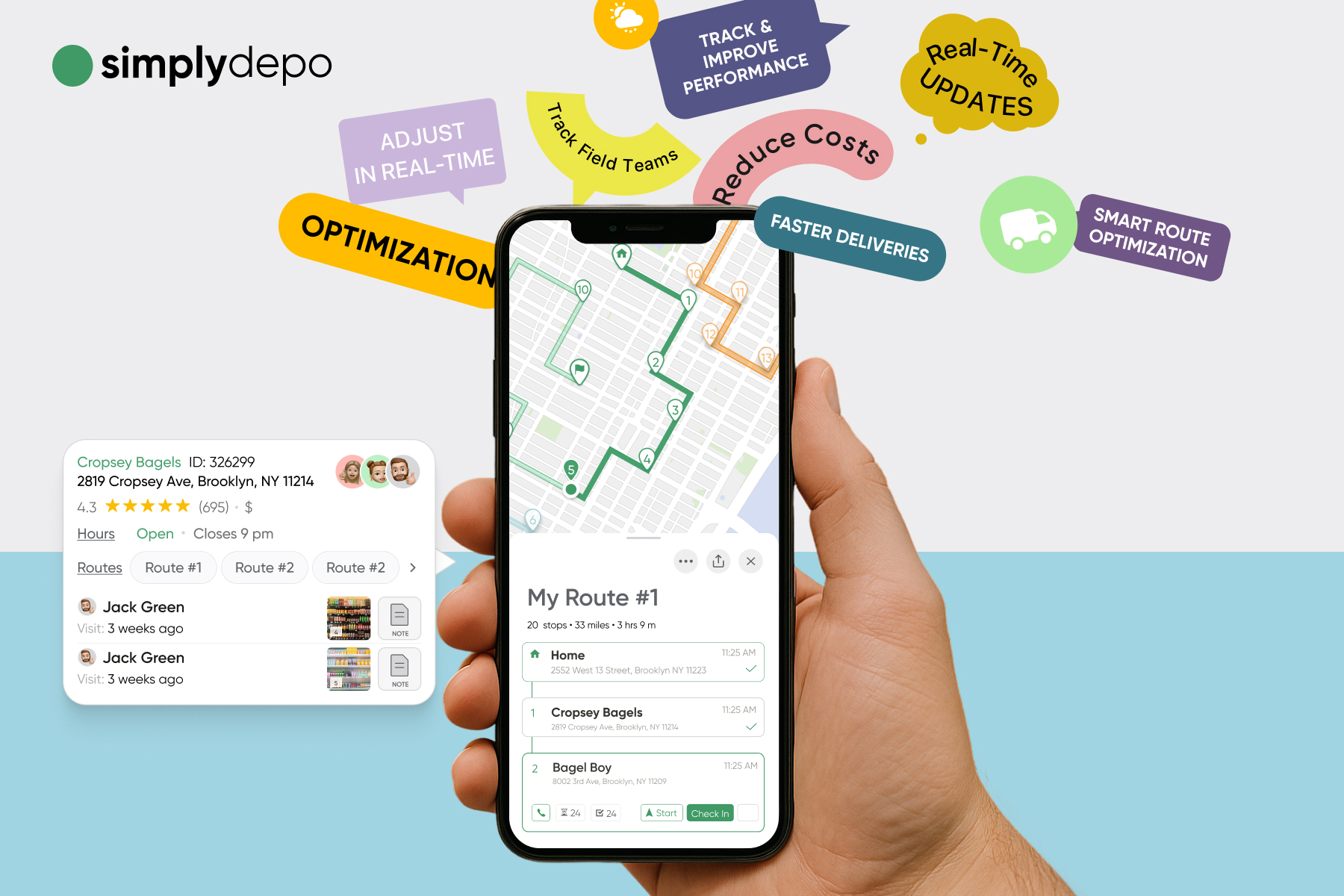 A hand holds a smartphone with a delivery route map for last mile routing; graphics show optimization, cost, speed, and real-time updates.