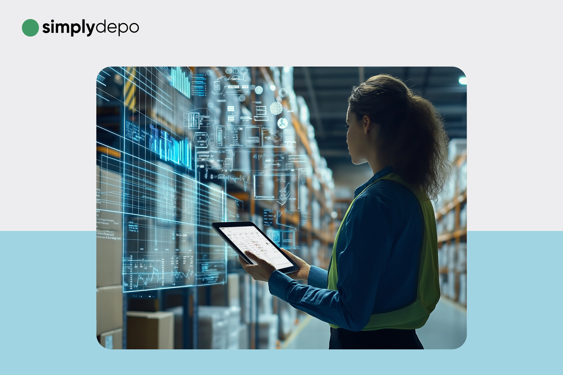 A woman in a warehouse checks inventory data and graphs on a tablet, with shelves of boxes behind her and the simplydepo logo visible.