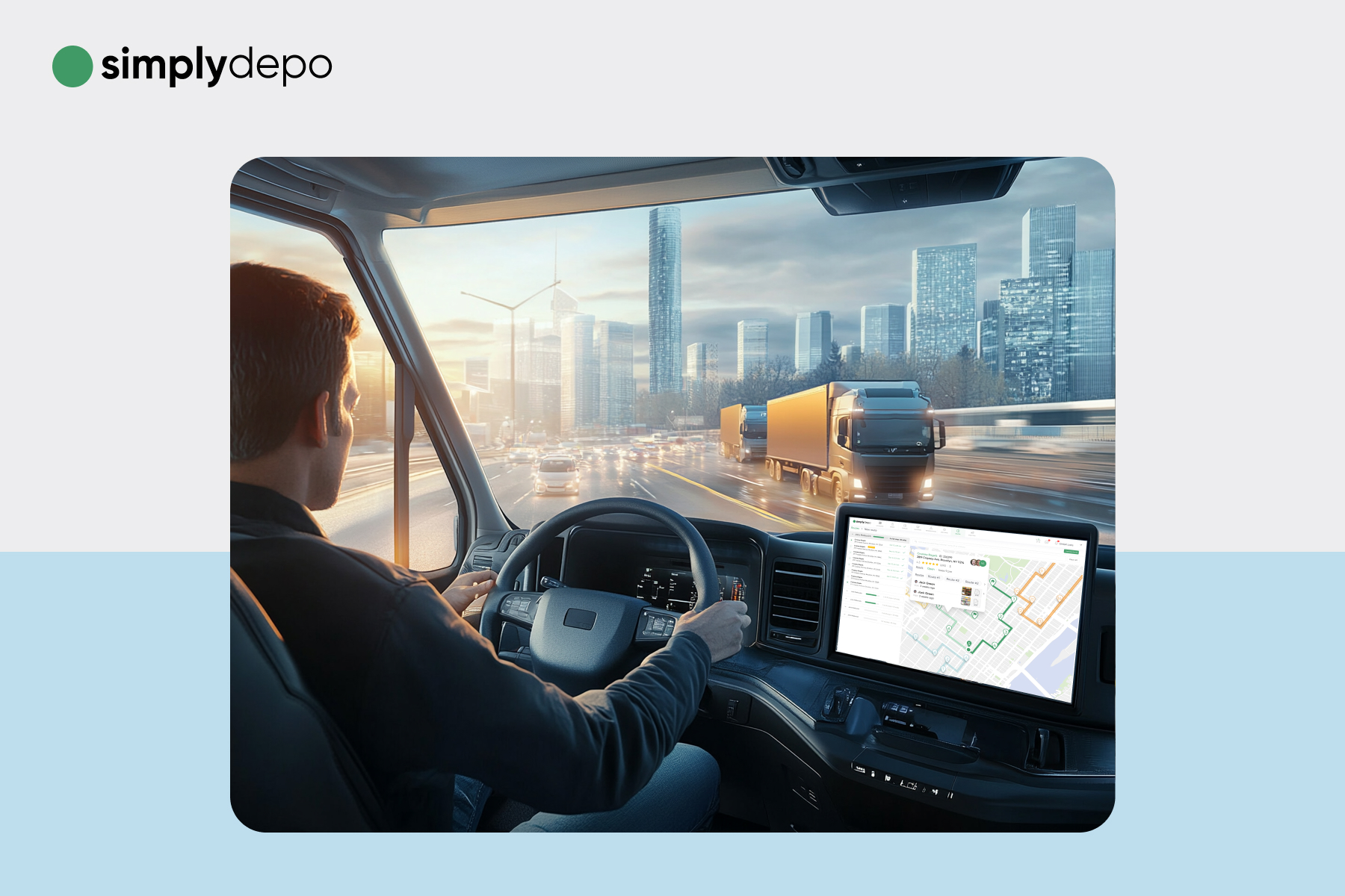 A delivery van driver navigates a busy city highway, using a digital map for routes; SimplyDepo logo appears in the corner.
