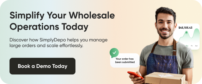 A cheerful man in an apron holds a package and smartphone, next to SimplyDepo wholesale order software ad with demo button and sales chart.
