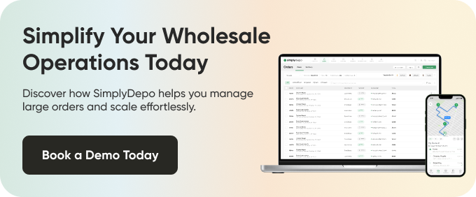 SimplyDepo banner with “Simplify Your Wholesale Operations Today,” showing order dashboard on laptop, delivery map on phone, and Book a Demo button.