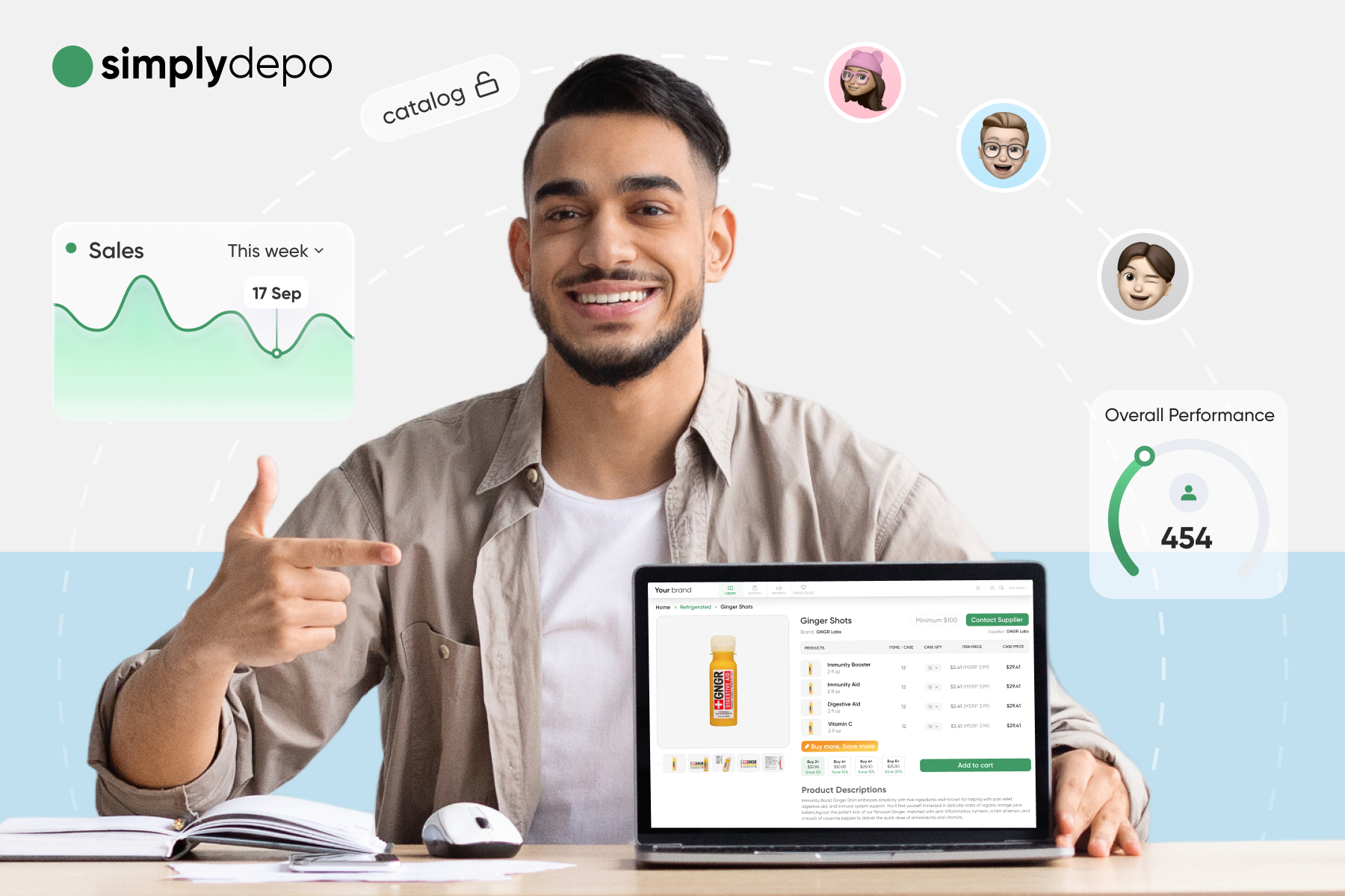 A cheerful man at a desk points to a laptop showing a product catalog with sales metrics. SimplyDepo logo appears top left.