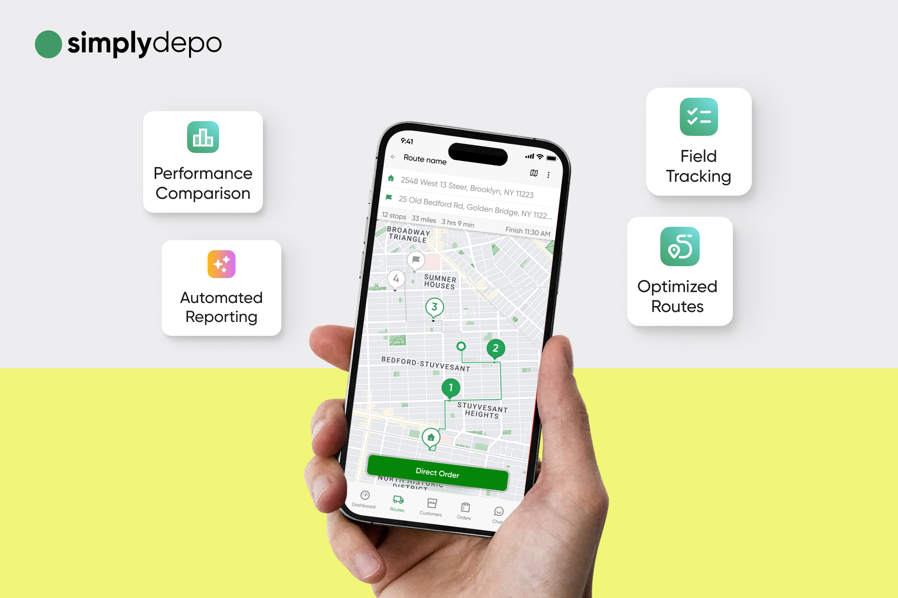 A hand holds a smartphone with a delivery route map, surrounded by icons for sales metrics, reporting, tracking, and optimized routes.