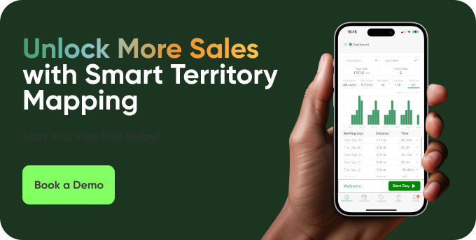 A hand holds a smartphone showing a green and white sales analytics app with text: Unlock More Sales with Smart Sales Territory Mapping. A green Book a Demo button appears below.