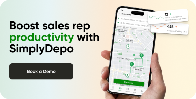 A hand holds a smartphone with a sales route map. On the side, text says “Boost sales rep productivity metrics with SimplyDepo.” A Book a Demo button and cards displaying route stats are visible.