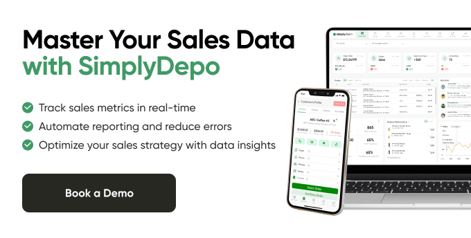 SimplyDepo banner with a phone and laptop showing sales dashboards, featuring real-time tracking and a Book a Demo button.