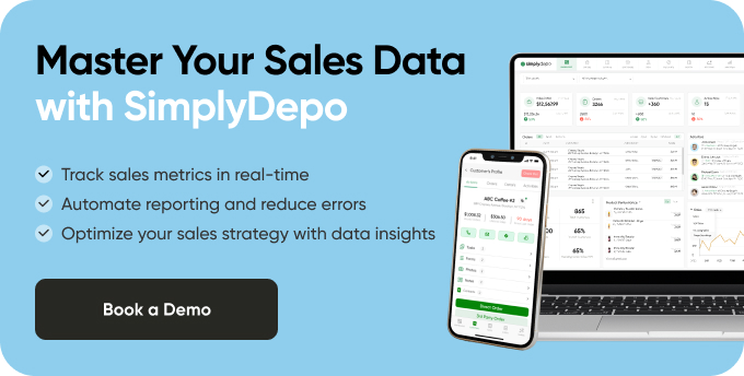 SimplyDepo banner with laptop and smartphone dashboards, featuring real-time sales metrics, reporting automation, and a Book a Demo button.