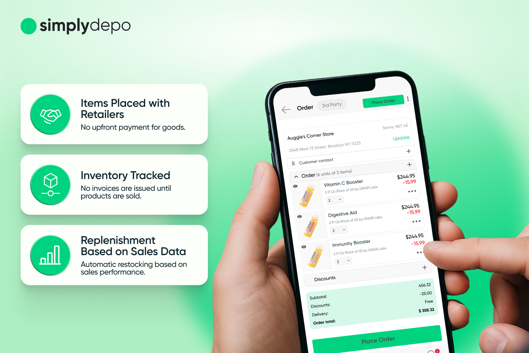 A person holds a smartphone with an order summary; left-side icons detail retailers, tracked inventory, and consignment replenishment.
