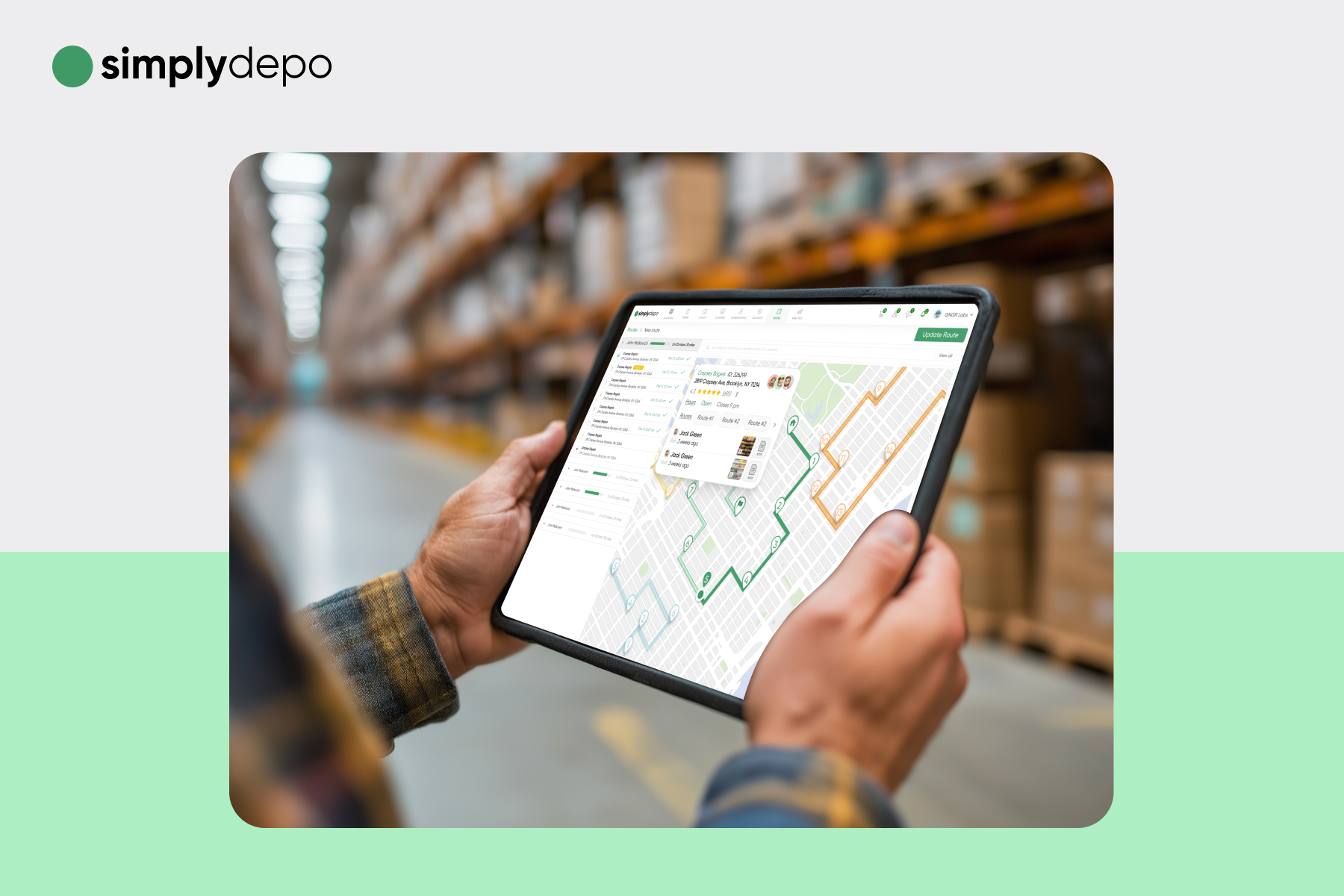 Inside a warehouse, a person holds a tablet with a delivery route map; simplydepo logo and Profit Margin Formula tool are visible.