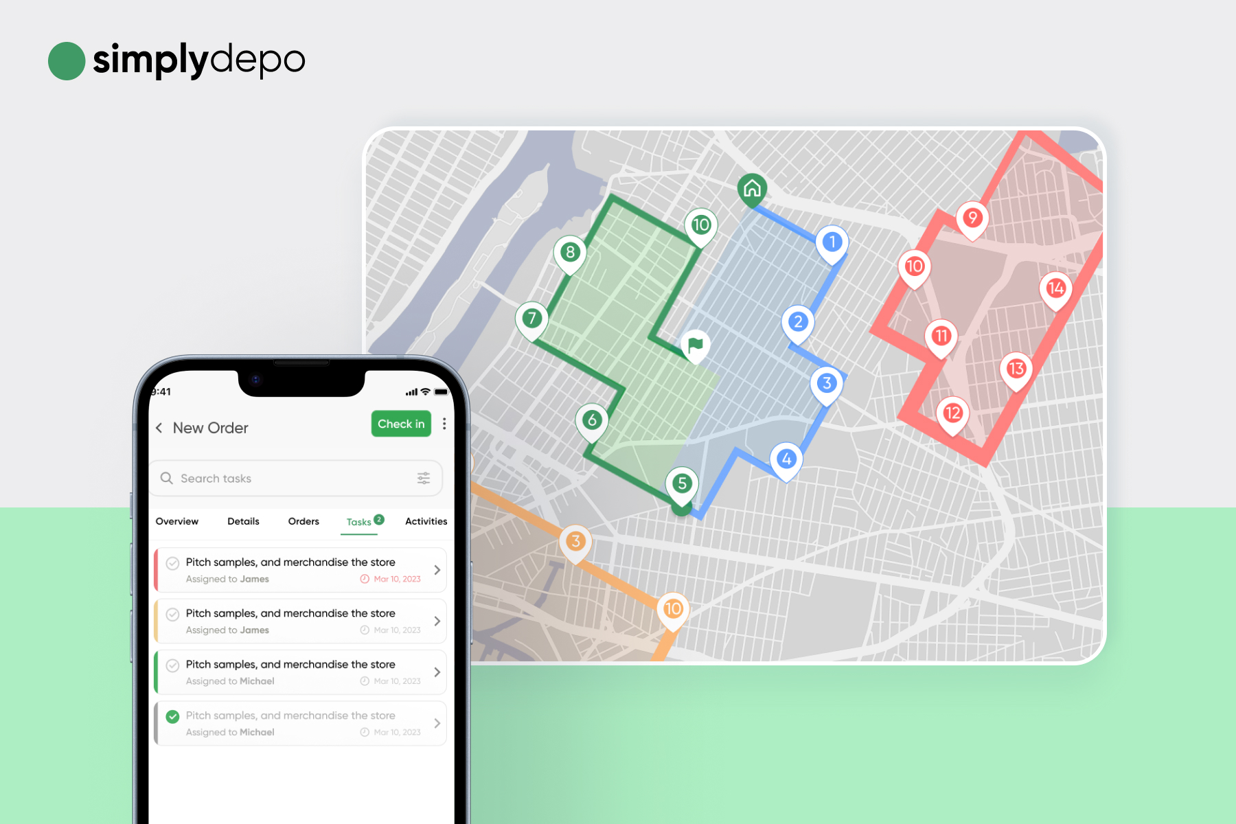 A smartphone shows a task management app over a map with color-coded delivery zones and pins, featuring the SimplyDepo logo.