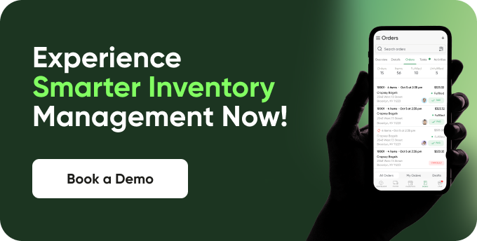 A hand holds a smartphone with a vendor managed inventory app; beside it, text says Experience Smarter Inventory Management Now!, with a Book a Demo button on a green gradient background.