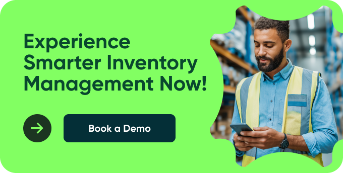 A warehouse worker in a safety vest checks his smartphone. Beside him, a green ad says Experience Smarter Vendor Managed Inventory Now! and Book a Demo.