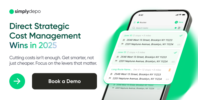 SimplyDepo promo banner featuring app display of delivery routes, with 2025 cost management tips, consignment info, and Book a Demo.