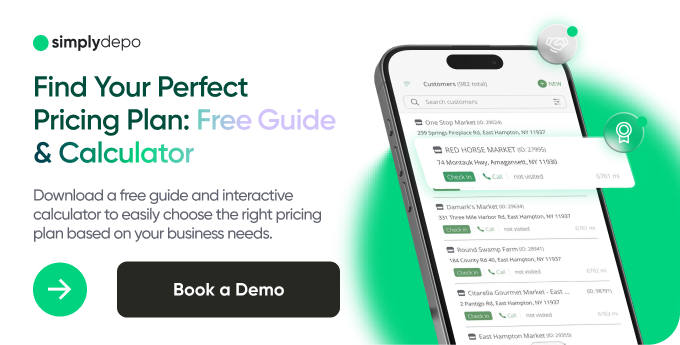 SimplyDepo ad showing a smartphone with business app, free guide offer, pricing calculator using ending inventory formula, and black Book a Demo button.