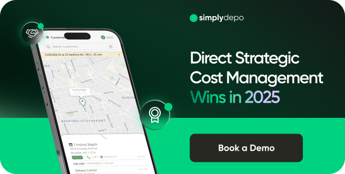 A smartphone shows a map next to “Direct Strategic Cost Management Wins in 2025.” SimplyDepo logo and Book a Demo button featured.
