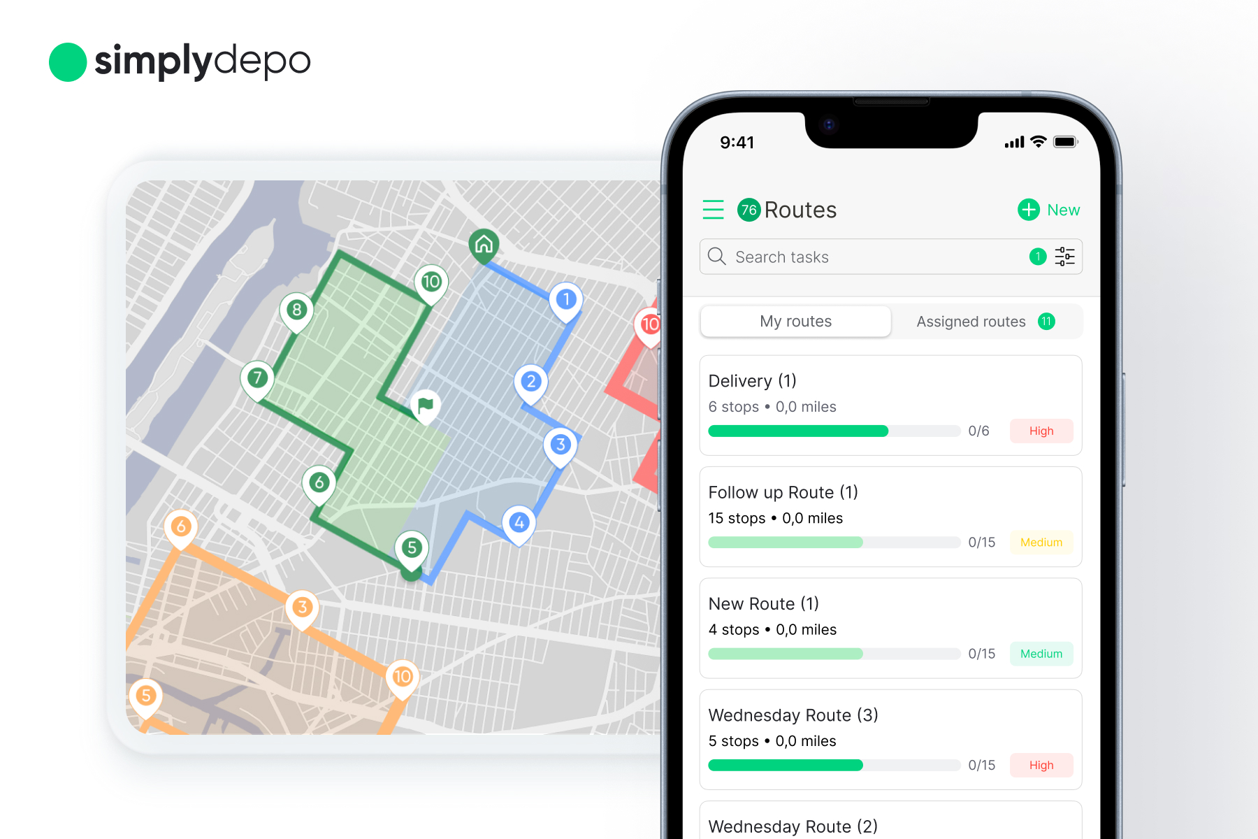A smartphone shows a delivery route app with Direct Strategic Cost Management, overlaid on a city map with color-coded routes and stops.
