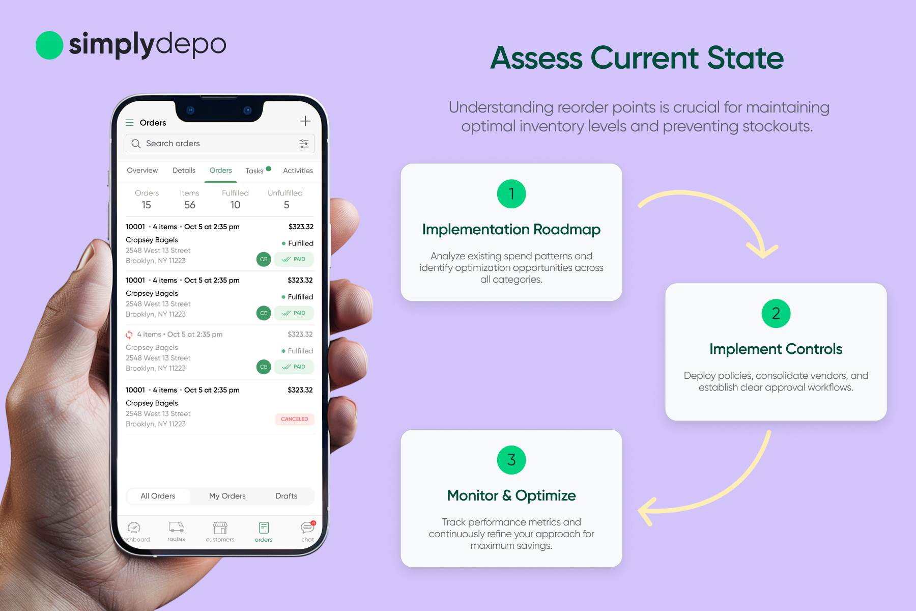 A person holds a smartphone displaying a CPG tail spend management app, next to a purple three-step process with illustrated icons.