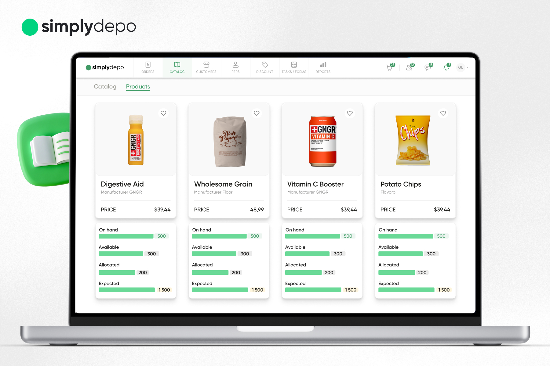 A laptop screen shows SimplyDepo’s product catalog with items like Digestive Aid and Potato Chips, prices, stock, and availability.