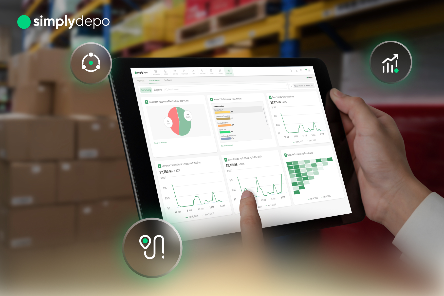 A person holds a tablet showing business analytics dashboards like Inventory Management in CPG; simplydepo logo and shelves appear.