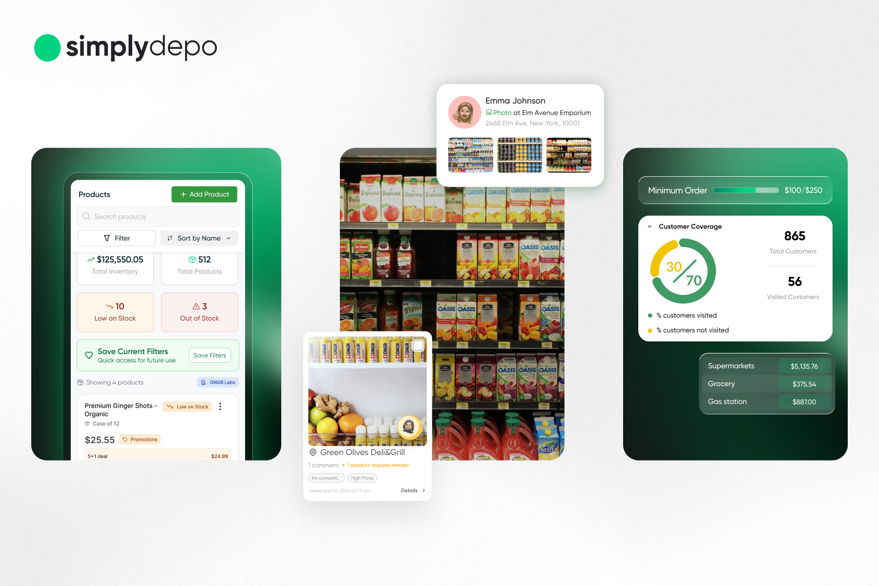 Simply Depo app mockup shows product management tools, customer profiles, store groceries shelf, and retail analytics dashboard.
