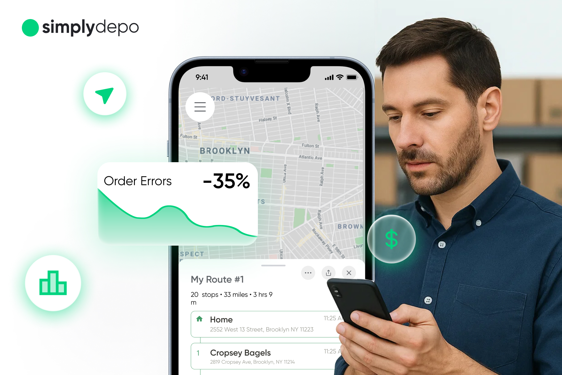 A man checks his phone next to a graphic with a delivery route map, -35% order error drop, business icons, and the SimplyDepo logo.