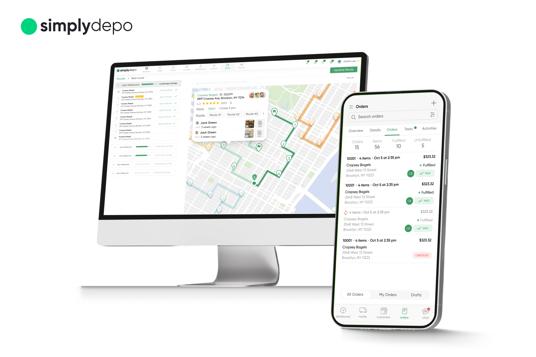 SimplyDepo app on a computer and smartphone shows mapped delivery routes and order info, optimizing CPG supply chain logistics.