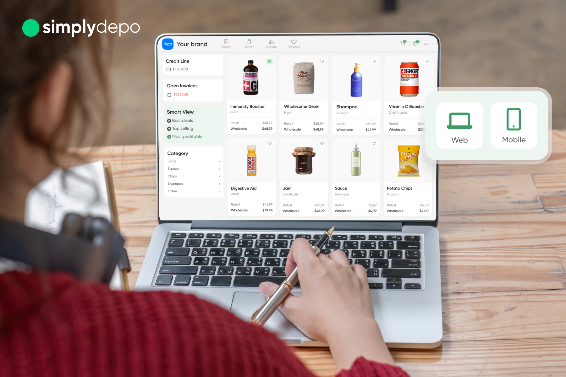 A person browses the SimplyDepo app on a laptop, viewing product listings and pricing tools; web and mobile icons are visible.