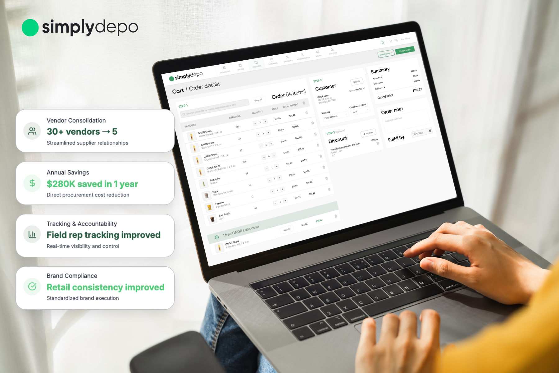 A user works on a laptop showing SimplyDepo’s order management dashboard, with key features highlighted on the screen’s left side.