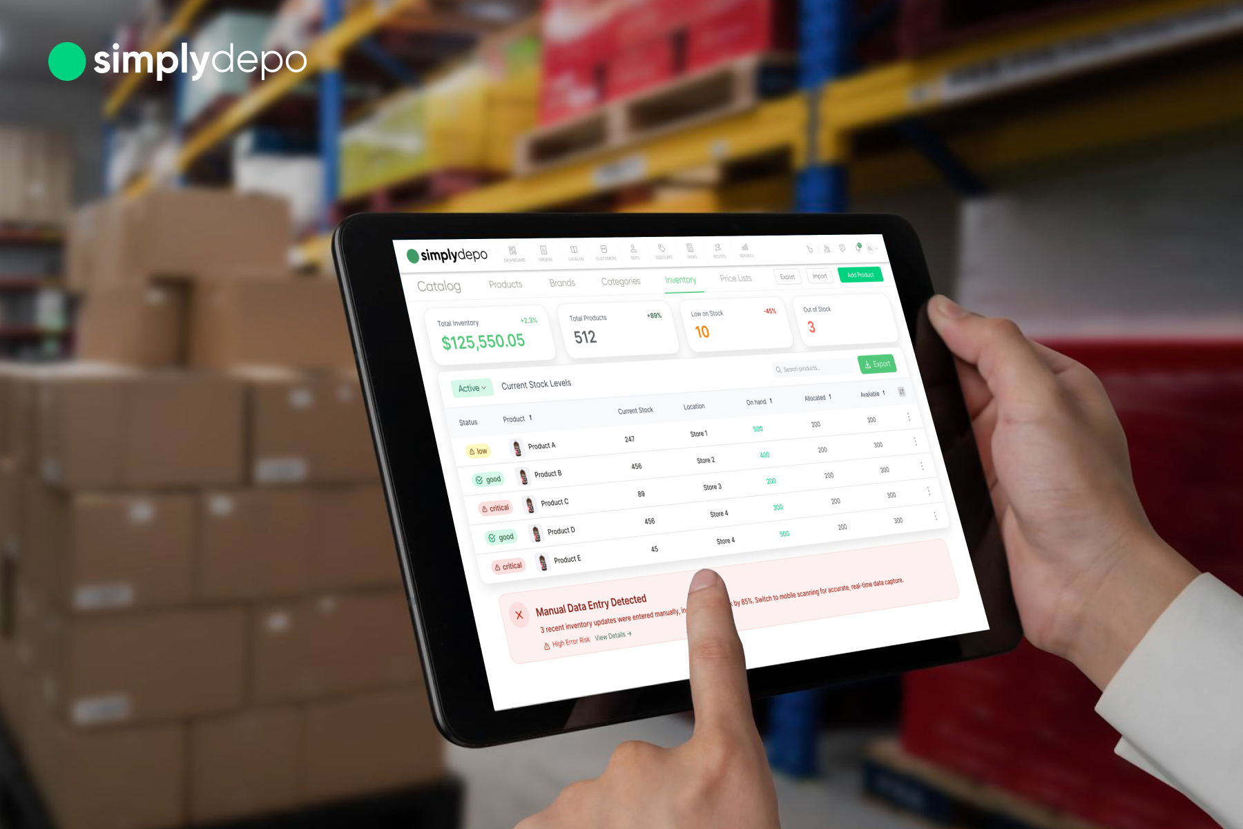 In a warehouse, a worker checks inventory accuracy on a tablet with product data and warnings, surrounded by shelves and boxes.