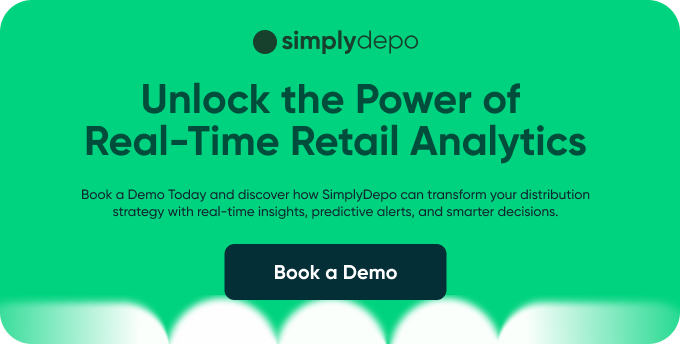 SimplyDepo green and white promo graphic with Unlock the Power of Retail Analytics and a dark Book a Demo button below.