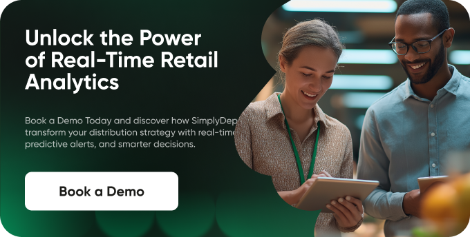 Two business professionals smiling while viewing a tablet, with text: Unlock the Power of Retail Analytics. Book a Demo button below.